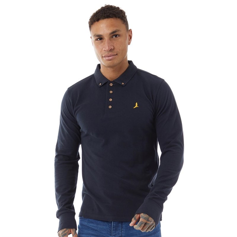 Brave Soul Mens General Long Sleeve Polo Top Dark Navy