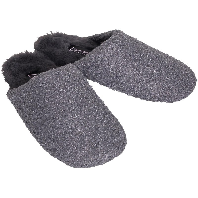 L'amore Couture Womens Fluff Slippers Charcoal Grey